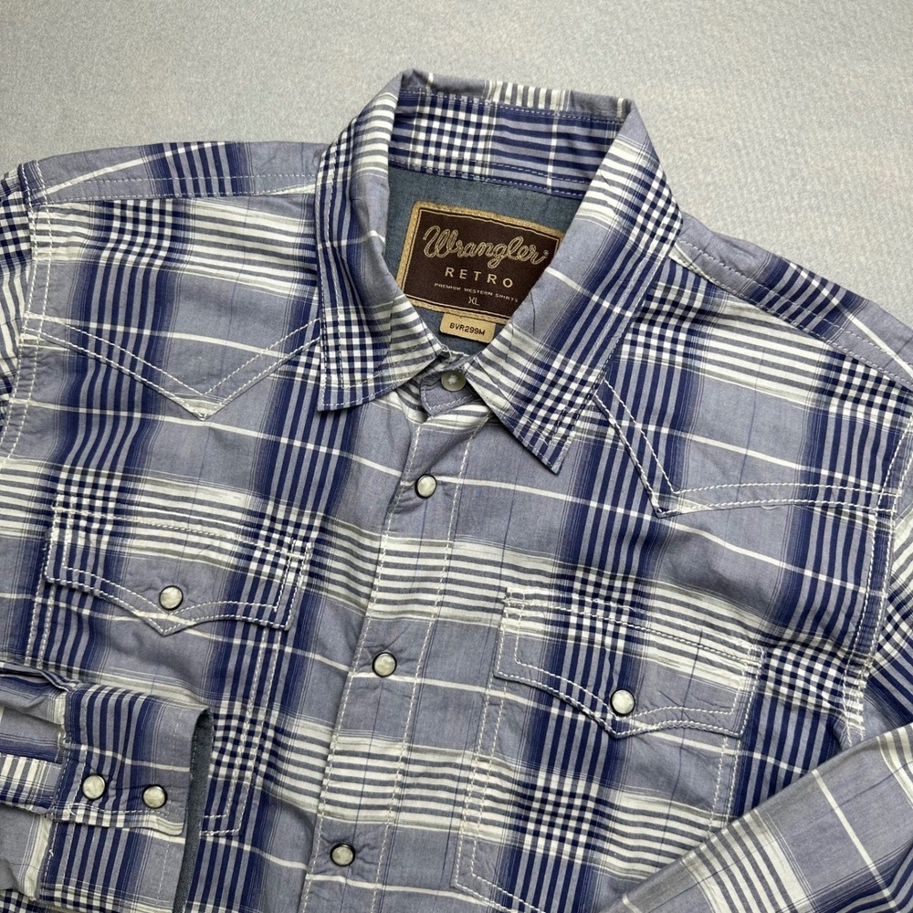 Wrangler Retro Western Shirt Boys XL Blue White Plaid Pearl Snap BVR299M
